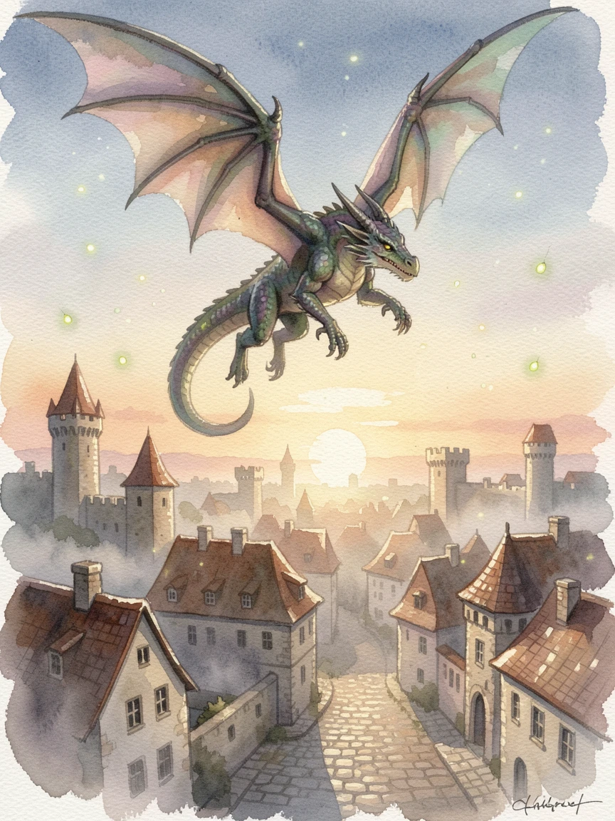 A dragon soaring above a medieval kingdom with glowing fireflies drifting through the air.