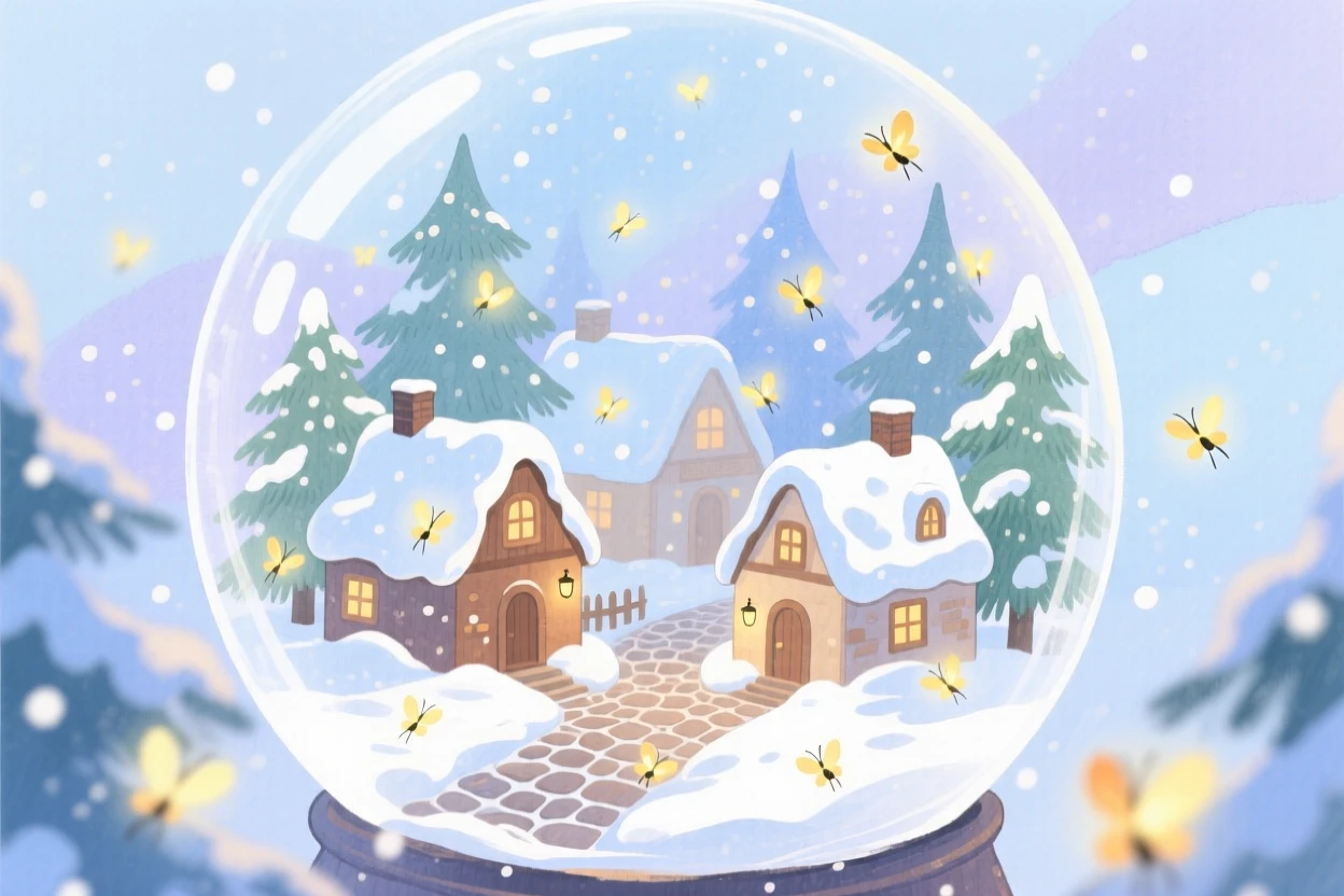 A dreamlike scene of a snow globe village, where fireflies drift like floating stars, inviting quiet wonder and imagination