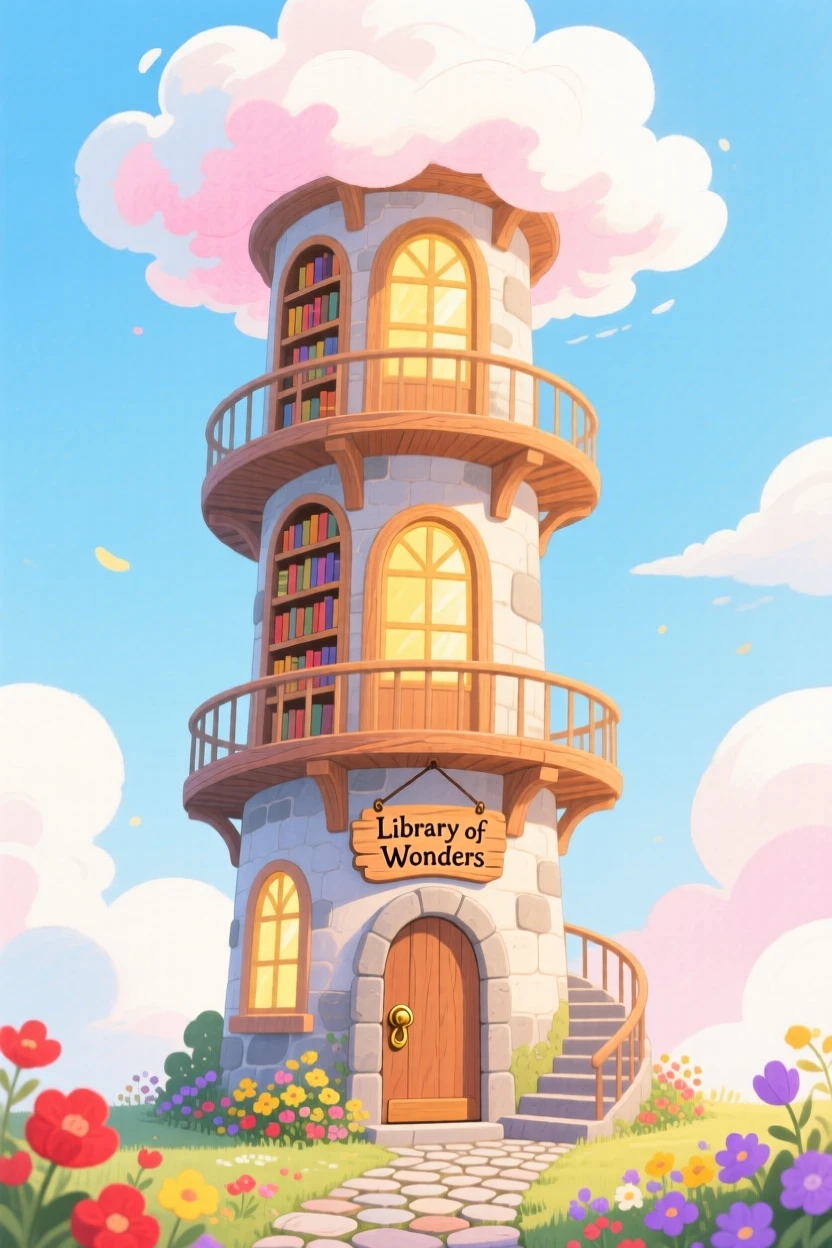 A wondrous view of a tower library that spirals into the clouds.