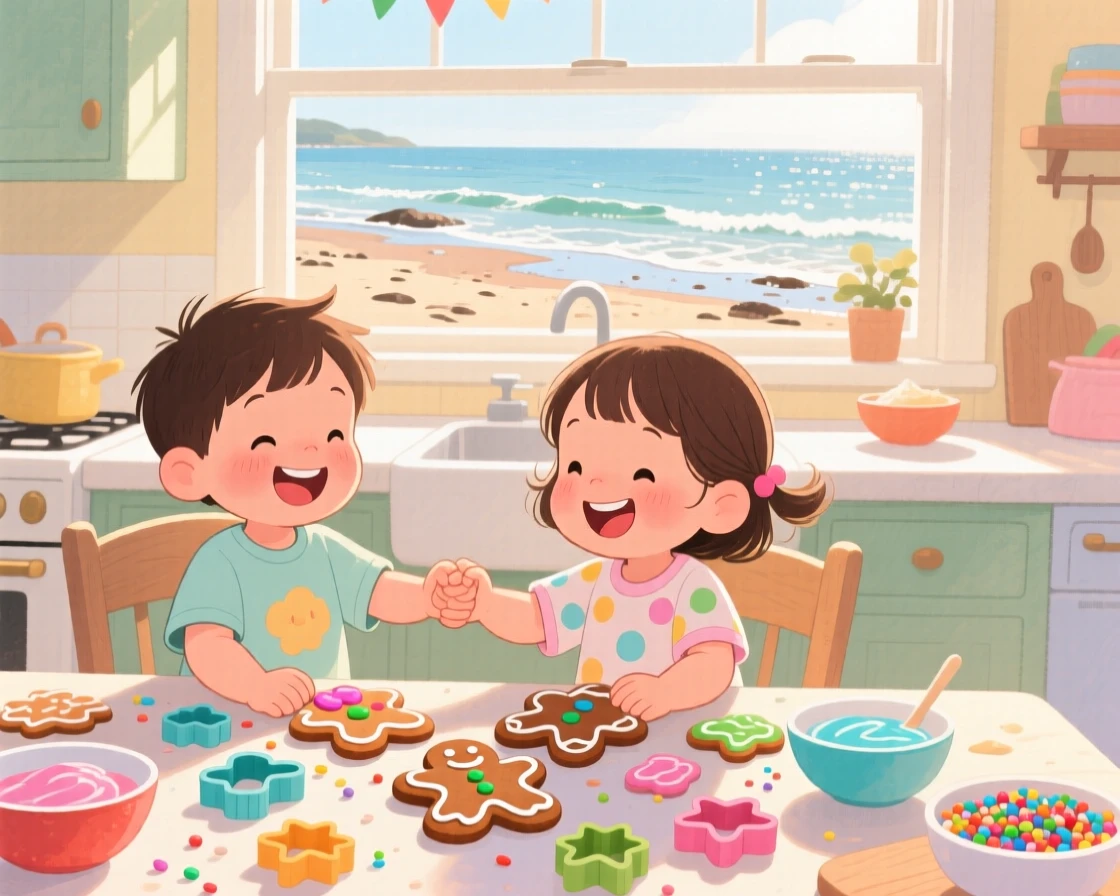 Twin toddlers holding hands decorating gingerbread cookies at the kitchen table, in a beach at low tide with gentle waves, brimming with carefree happiness.