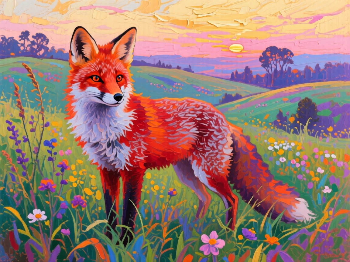 a red fox in a meadow, in quiet evening light, with layered visual detail from foreground to horizon.