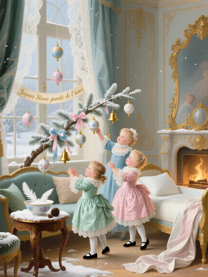 A winter nursery where children hang handmade ornaments by the window  