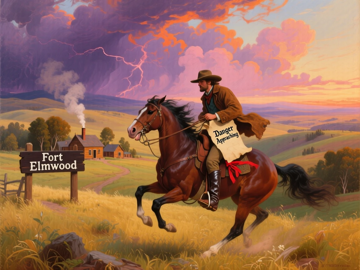 A lone rider races across the plains to warn a village of danger.