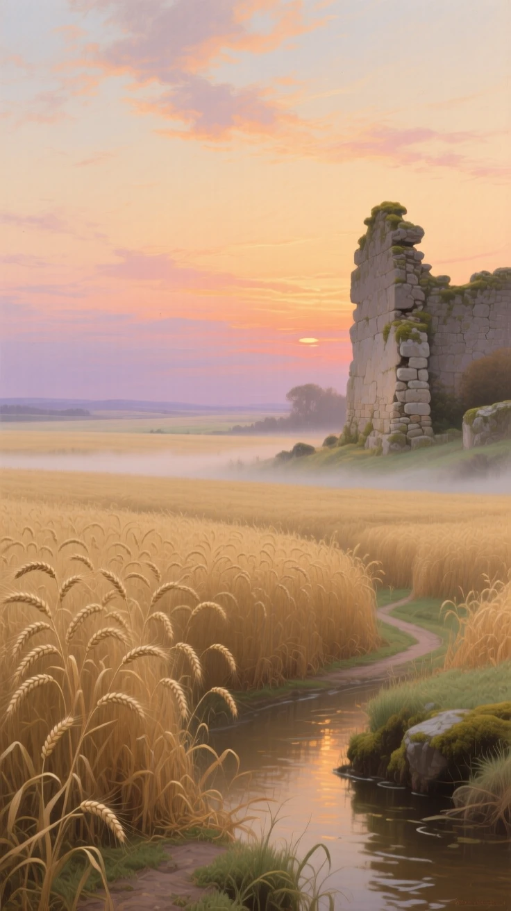 A field of golden wheat swaying beneath a dramatic sunset sky stretching endlessly toward a hazy, distant horizon, set beside the remnants of an old stone wall or ruin, with mist curling low along the ground in the cool morning air; a winding path or river leads the eye deep into the distance, radiating the serene majesty of untouched nature.