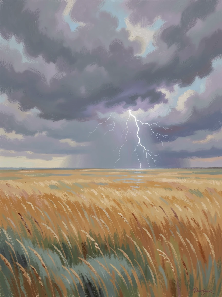 A dramatic thunderstorm rolling over golden prairie grasslands, lightning illuminating distant clouds.