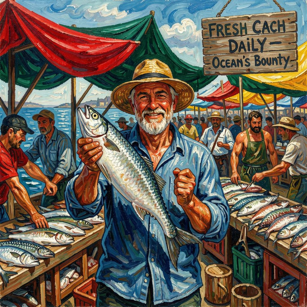 A proud fisherman holding up his catch of the day at a bustling harbor market.