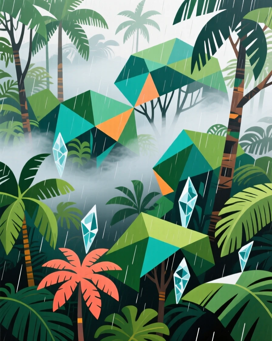 A tropical rainforest canopy viewed from above, shrouded in morning mist.