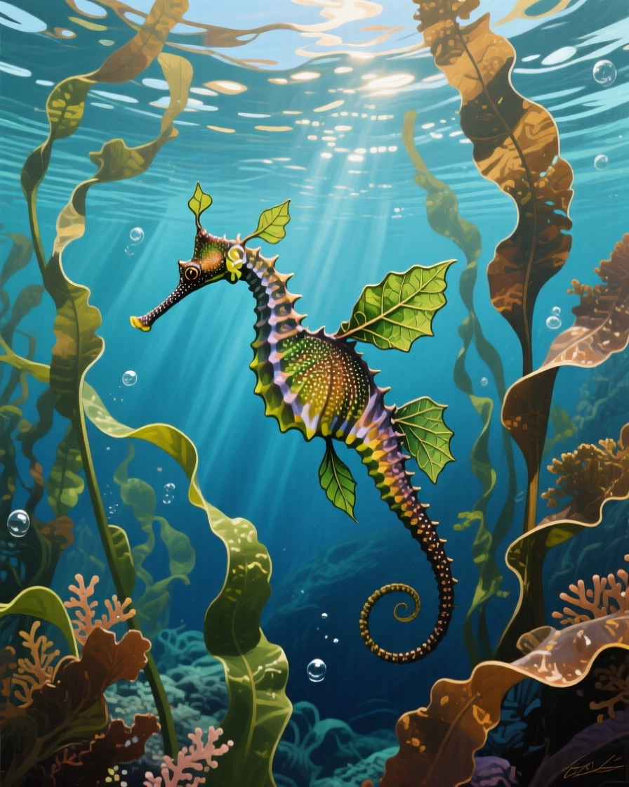 A leafy seadragon drifts among swaying kelp fronds off the coast of Australia, its ornate leaf-like appendages making it nearly invisible in the current, the scene suggesting a fleeting, candid moment rather than a posed encounter.