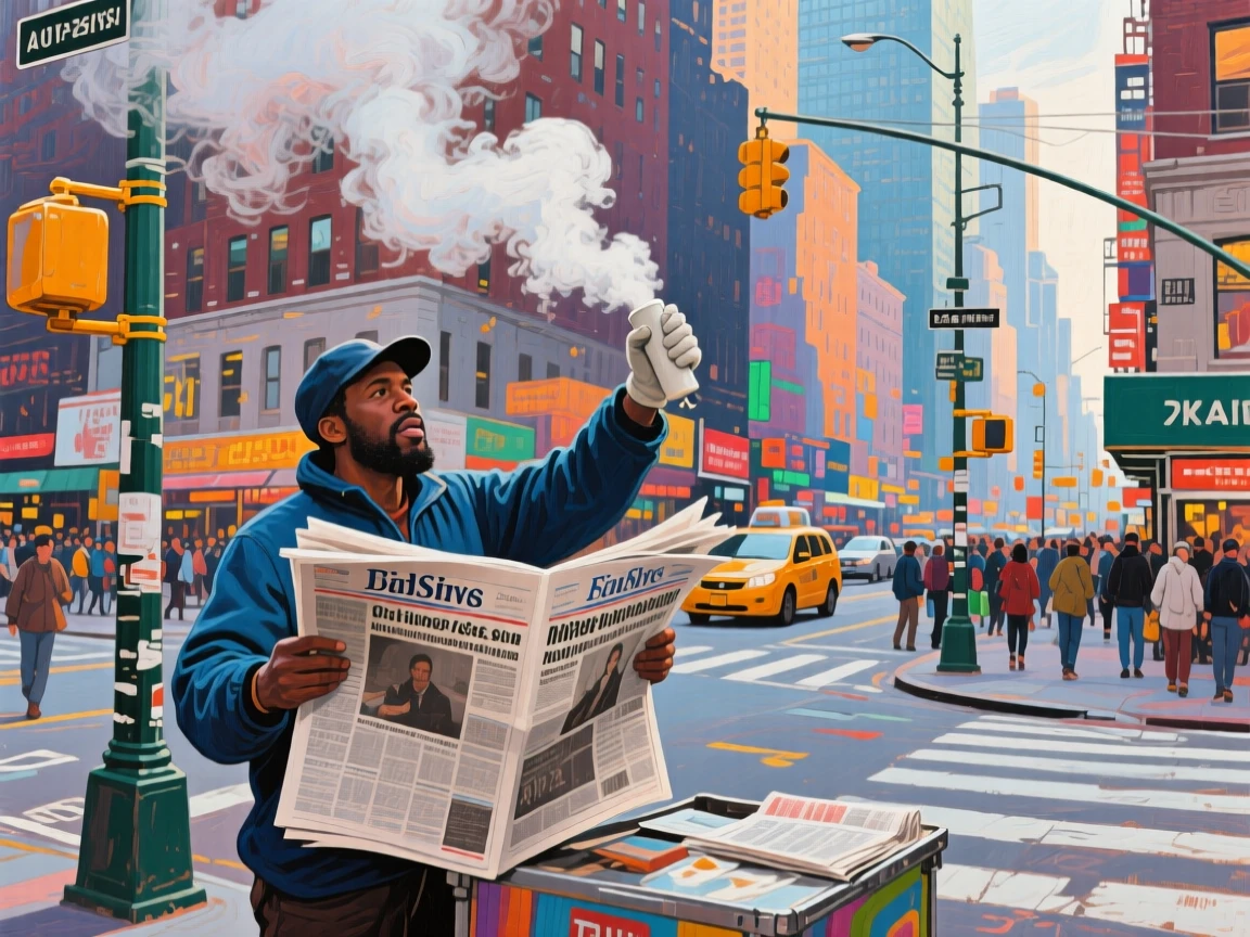 A newspaper vendor calling out headlines on a busy downtown corner while steam rises gently into the cool air