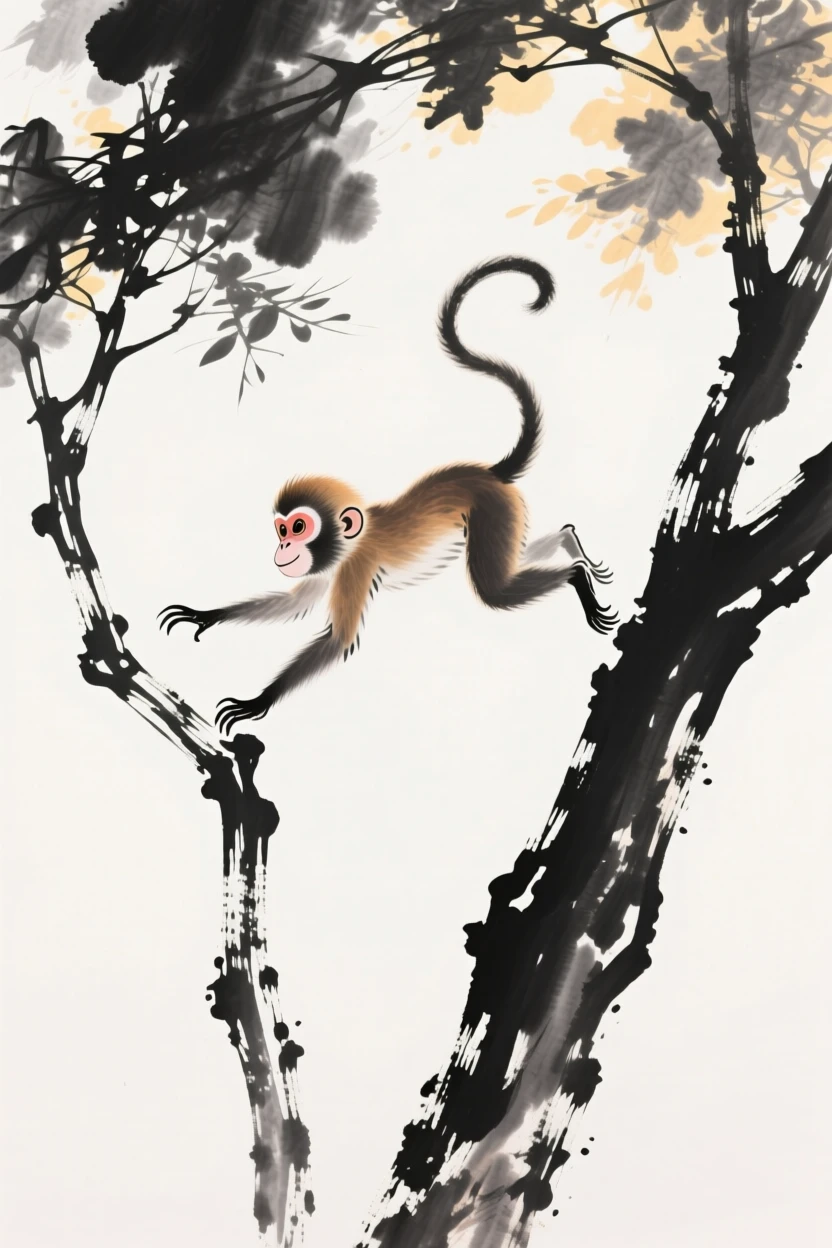 A young monkey leaps between two swaying branches, as the afternoon sun filters through the trees.