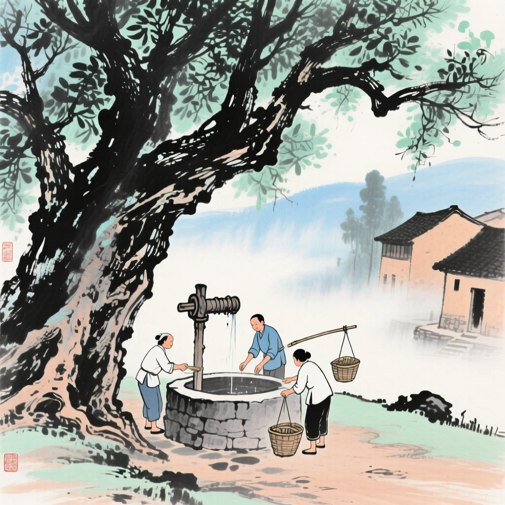 Villagers gathering at a well beneath an old banyan tree, through a light drifting mist, carrying a mood of wistful nostalgia.