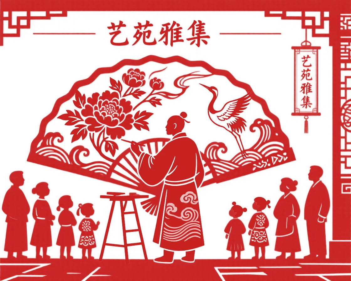 A street artist painting a fan with delicate brushstrokes while a small crowd watches over his shoulder