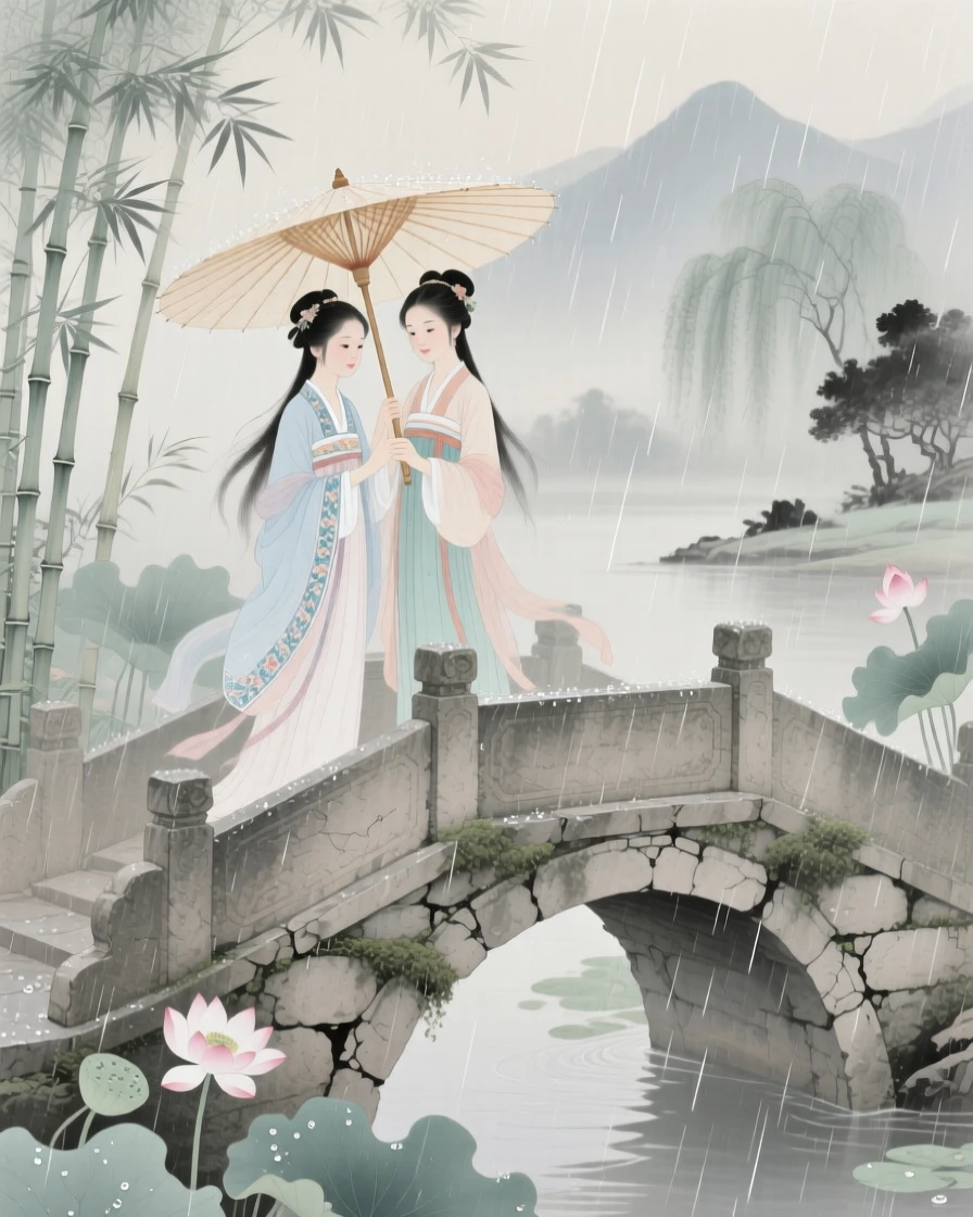 Two sisters sharing an umbrella while crossing a stone bridge in the rain