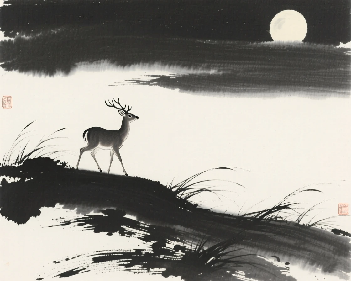 A deer wandering along a windswept ridge in a moonlit clearing, positioned off-center, leaving space for the quiet landscape around it, suggesting calm alertness within a peaceful world.