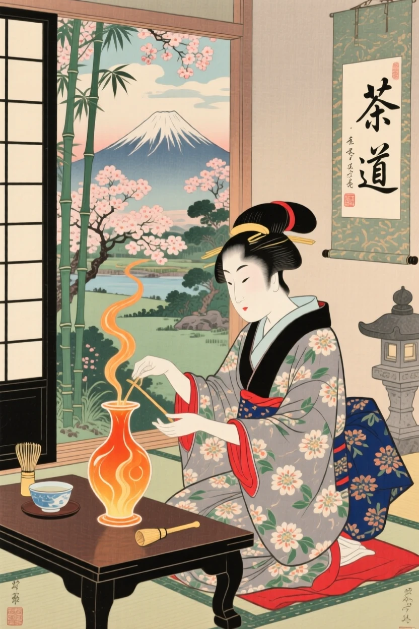 A tea ceremony host shaping molten glass into a vase.