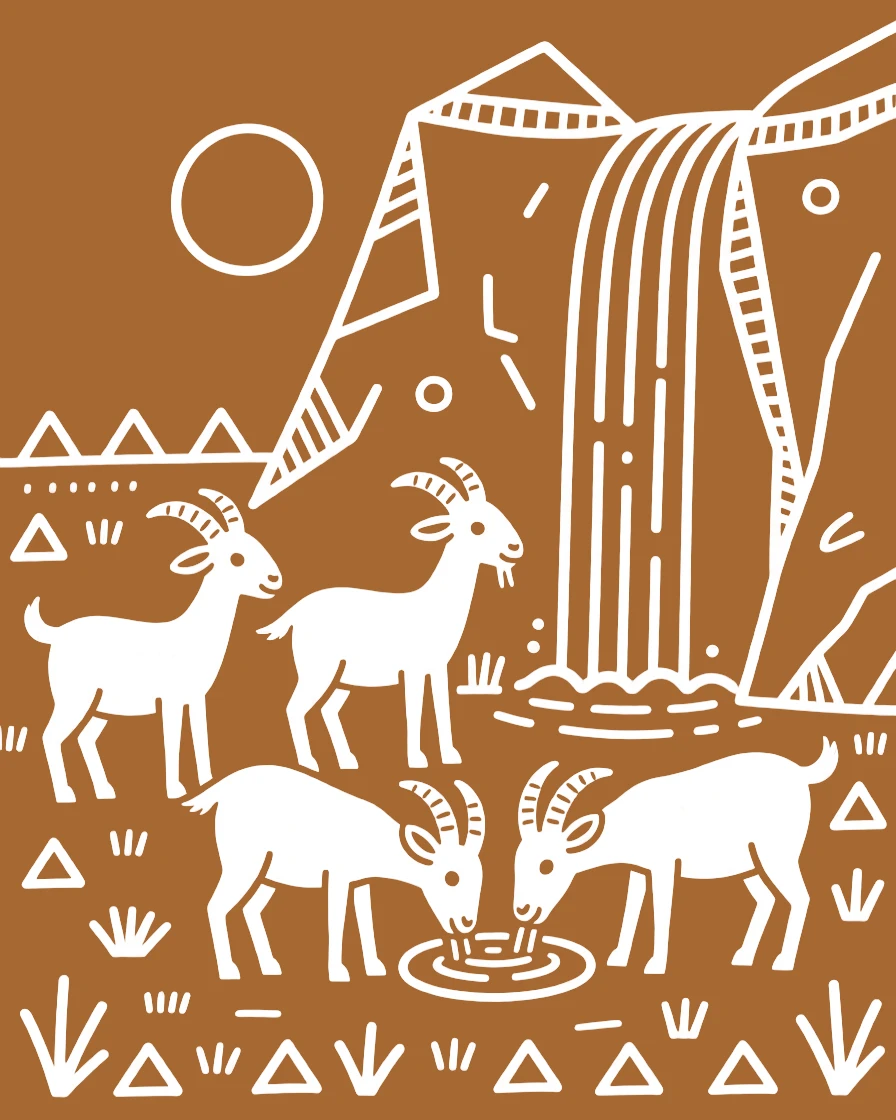 A group of goats gathered near a waterfall.
