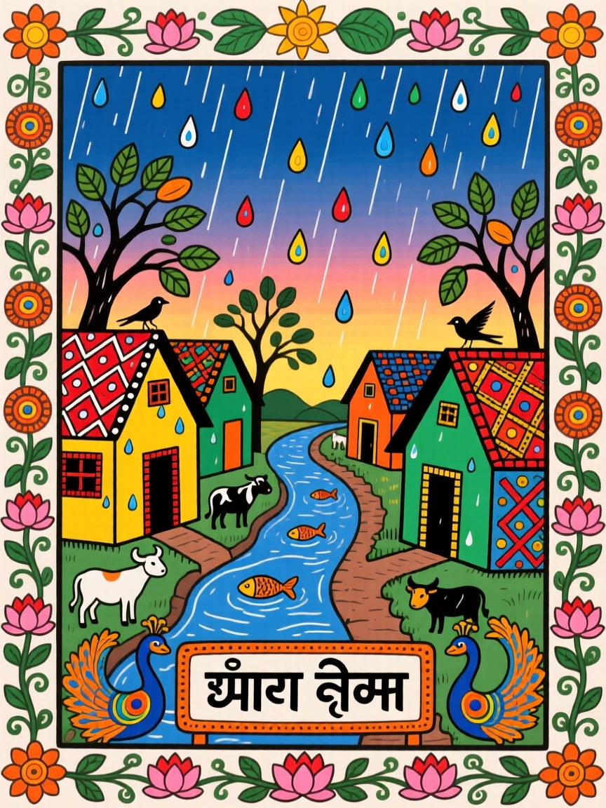 Rooftops glistening under a soft evening rain in a quiet village.