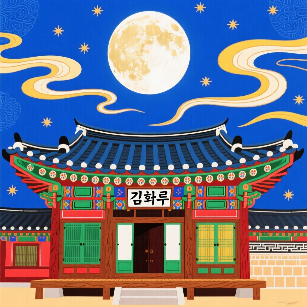 A traditional wooden palace hall with curved eaves beneath a full moon.