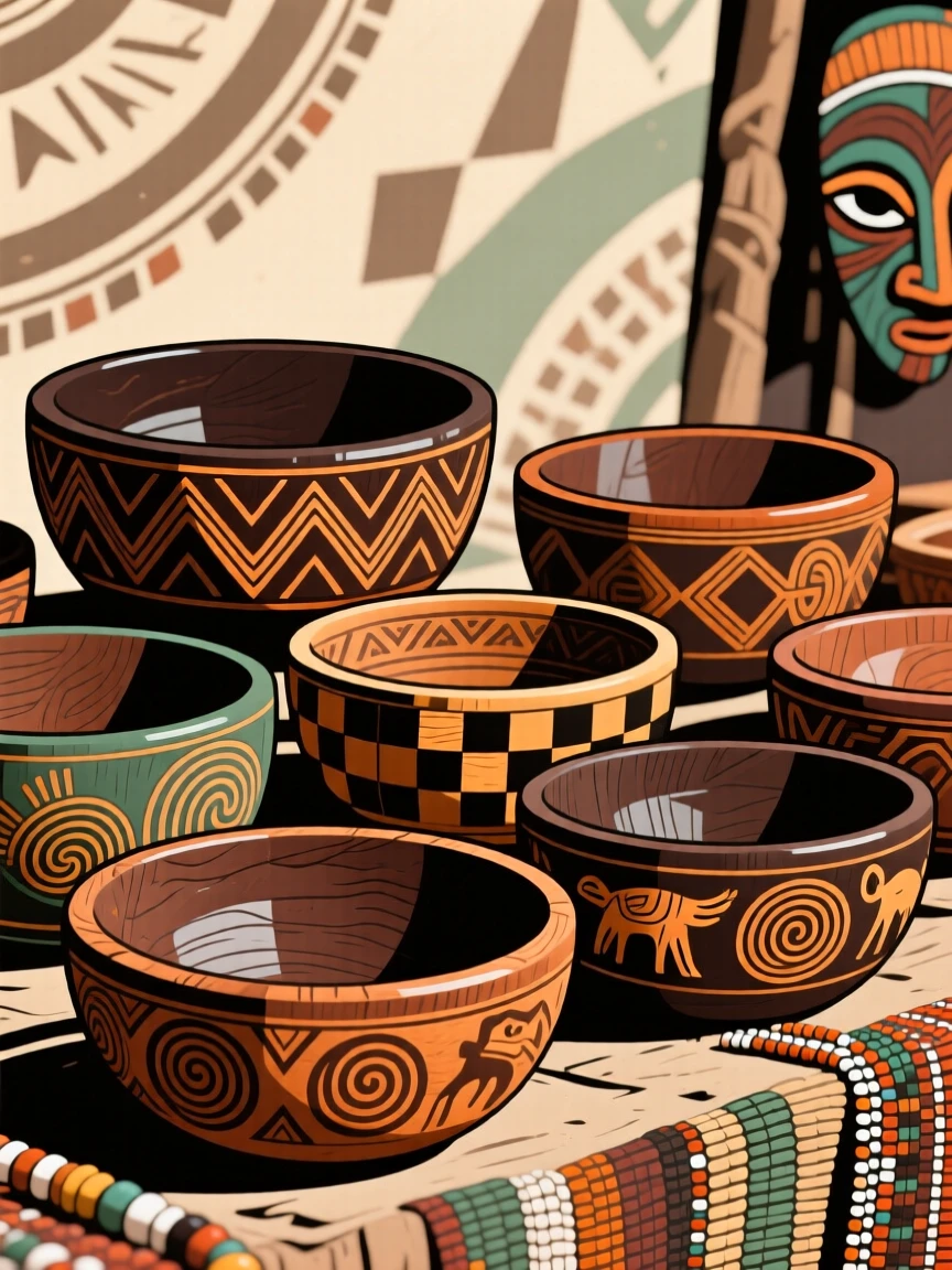A set of hand-carved wooden bowls set out for a village market.