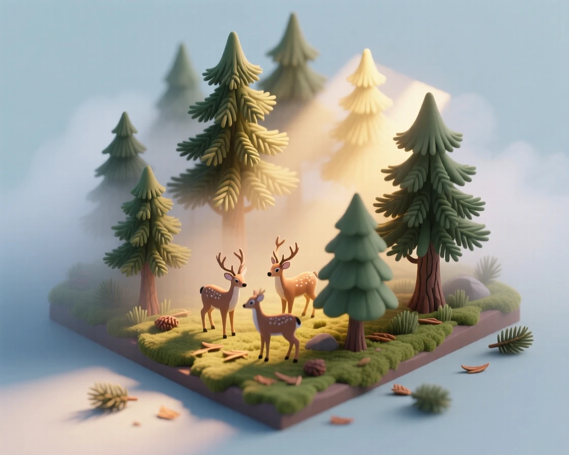 A misty pine forest at dawn, deer grazing quietly among the trees, and soft light breaking through the fog in golden shafts.