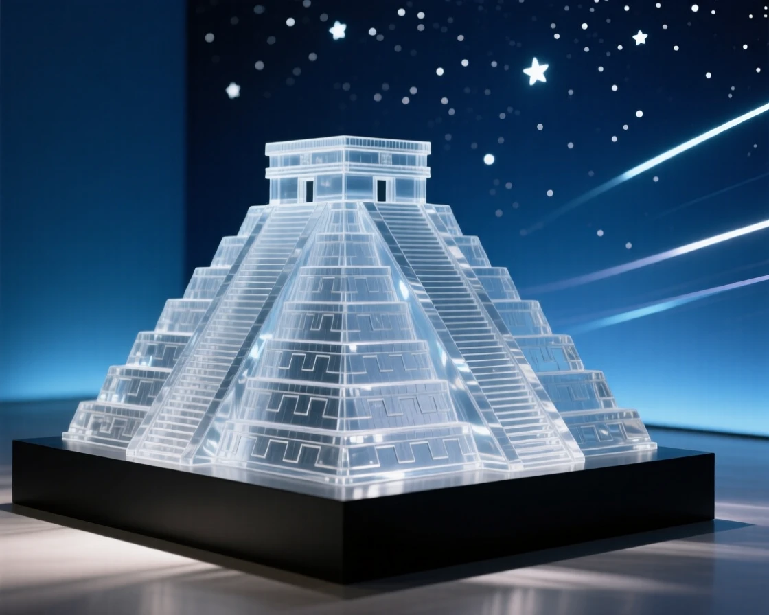 The Chichen Itza pyramid under a starry sky under a starry night sky, long soft light trails in the distance, composition emphasizing scale and grandeur.