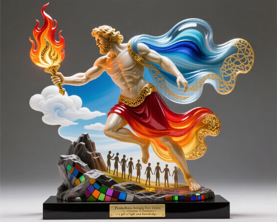 Prometheus bringing fire down from Olympus to a waiting humanity below, heroic and pivotal.