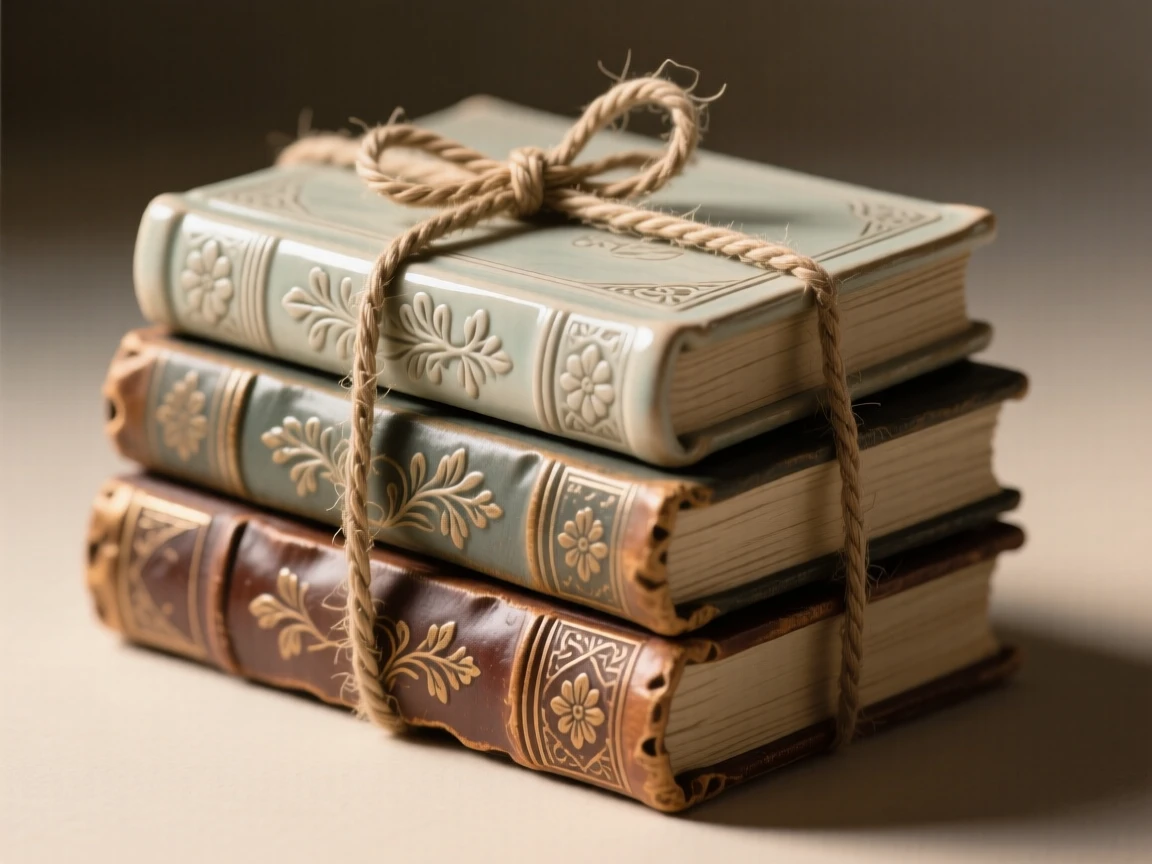 A stack of antique books tied with twine framed in soft, warm ambient light, with delicate patterns etched into its surface, evoking nostalgia and quiet charm.