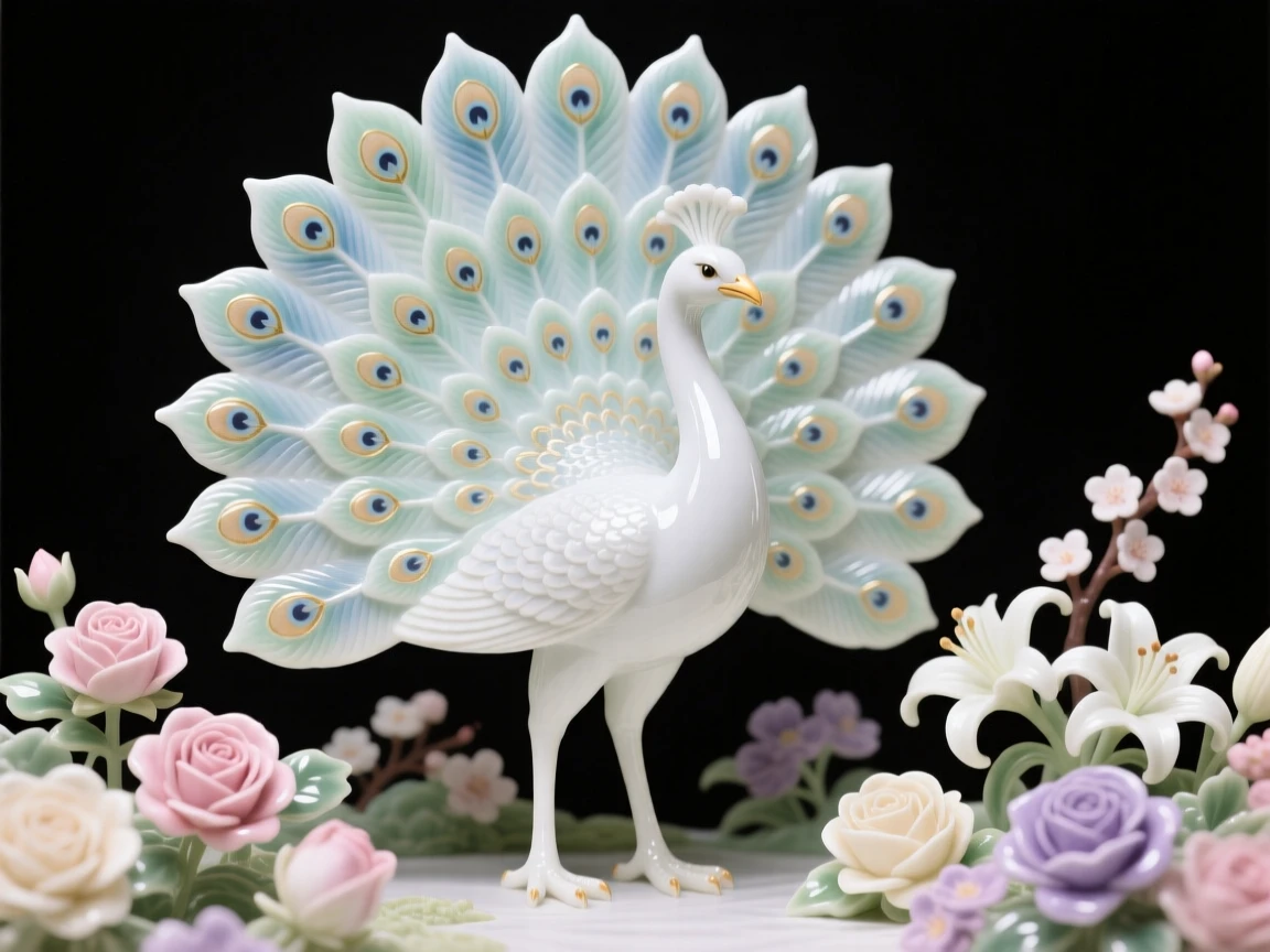 A brilliant peacock in a blooming garden, its tail feathers fanned in full display.