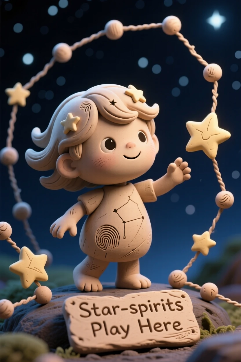 A star-spirit child playing among constellations in the night sky