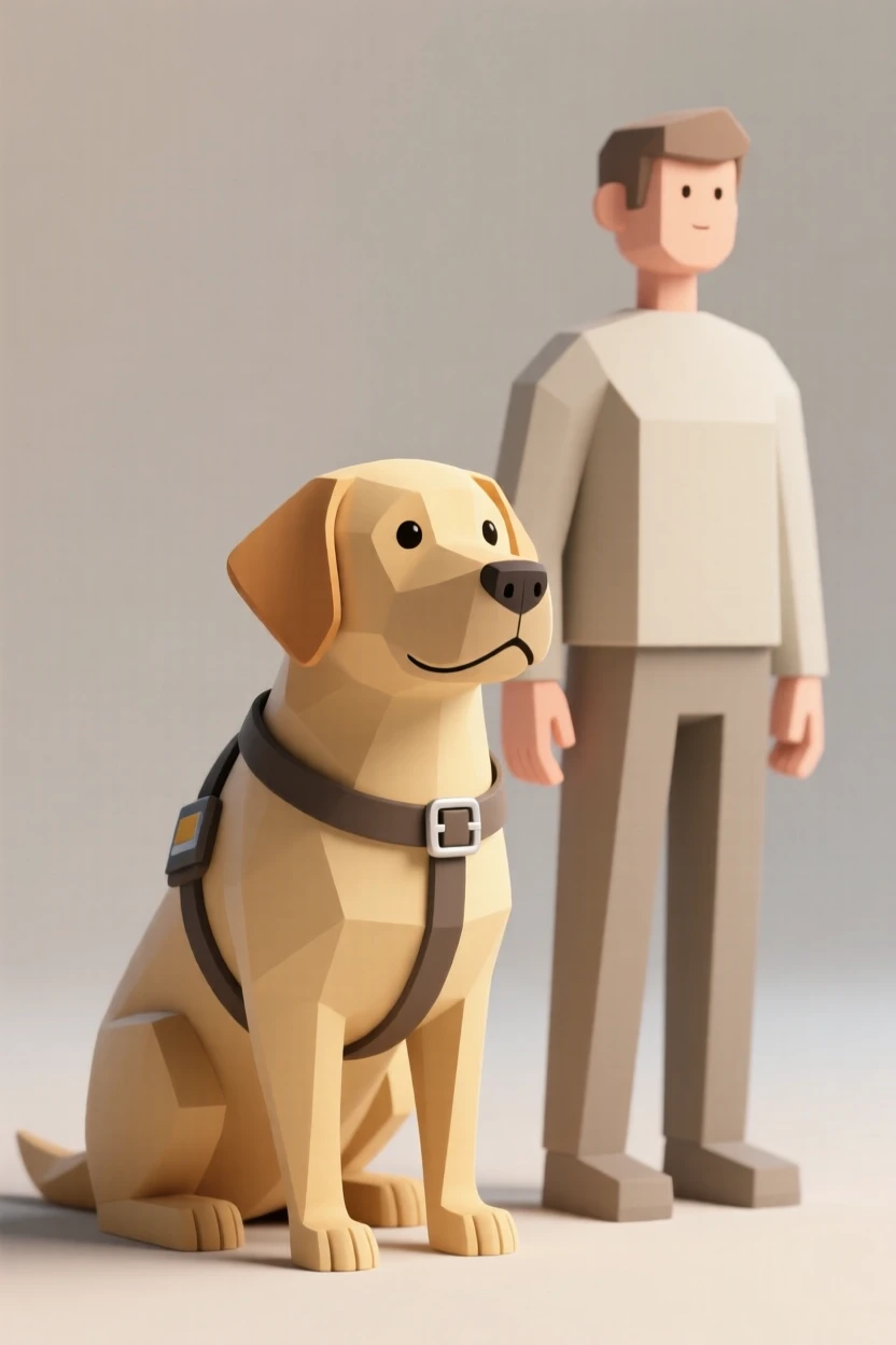 A gentle golden lab guide dog sits attentively beside its owner, harness buckled and eyes alert.