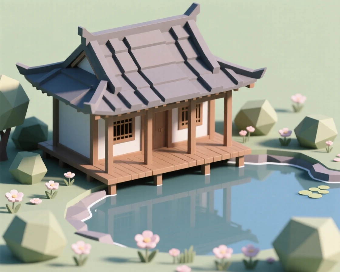 A traditional teahouse beside a tranquil garden pond, surrounded by blooming spring gardens. the composition highlights layered rooftops and textures. The place feels steeped in history.
