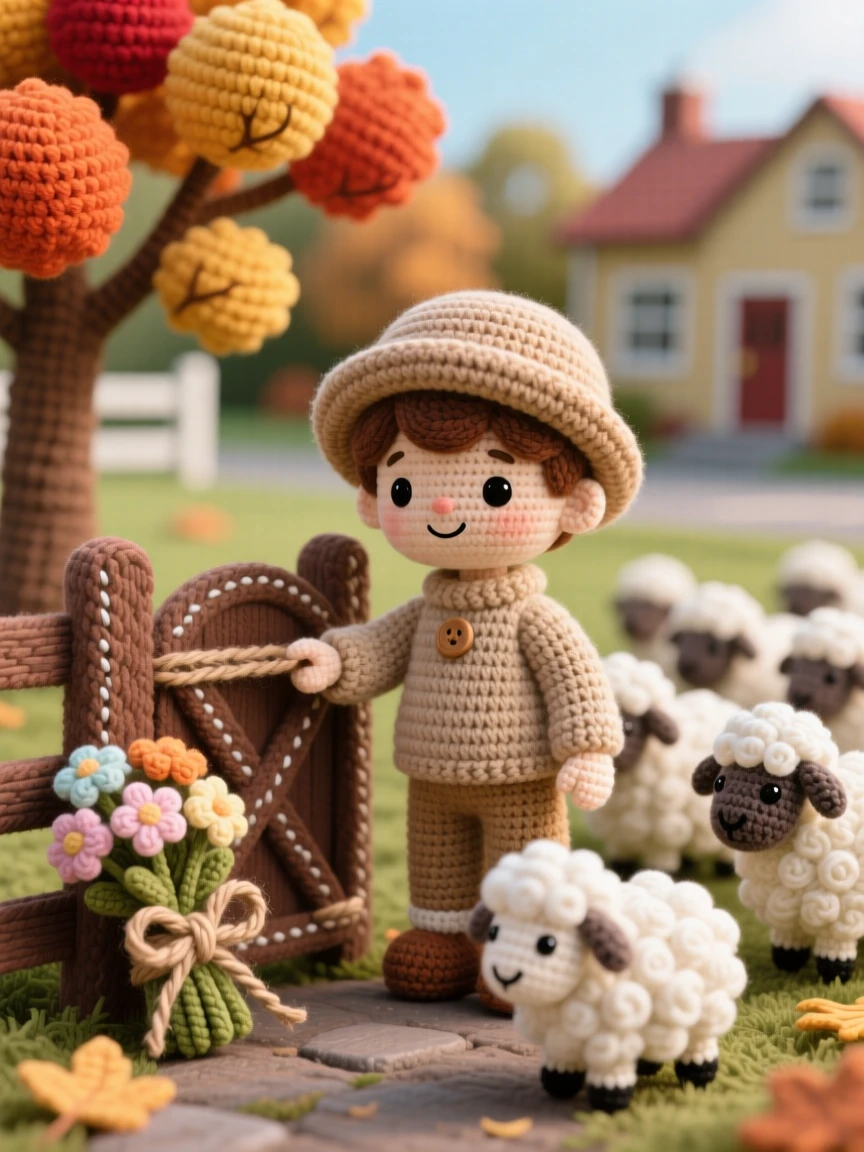 a small boy shepherd counting sheep, with a woolen hat, is captured counting his flock at the fence gate in a quiet schoolyard framed by autumn trees beside a bundle of fresh flowers tied with twine, radiating comforting familiarity and small-town charm.