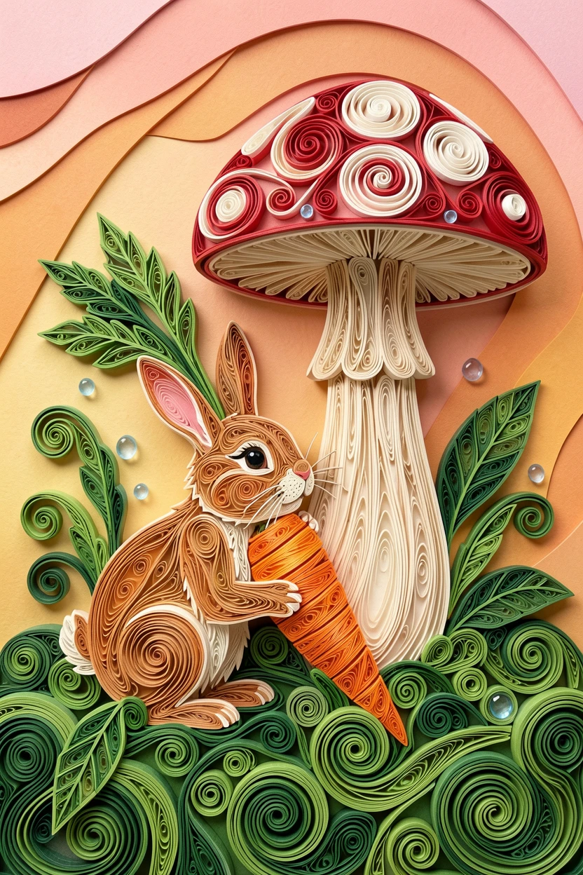 a bunny nibbling on a giant carrot twice its size beneath a giant mushroom in a mossy forest, with soft dewdrops glistening on nearby leaves, set against a warm gradient background.