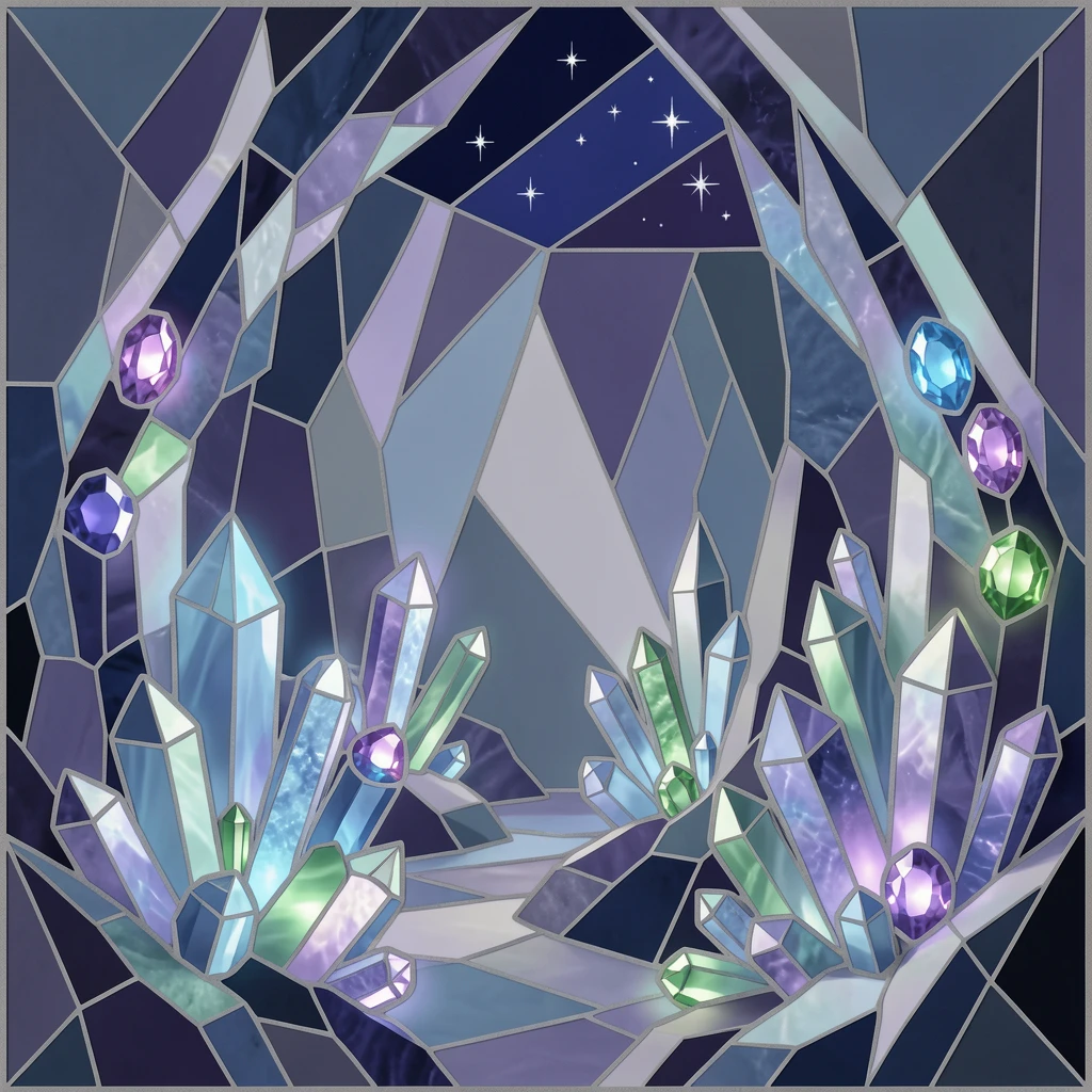 A crystal cave illuminated by softly glowing magical gems, rendered with dramatic magical lighting and rich atmospheric detail.