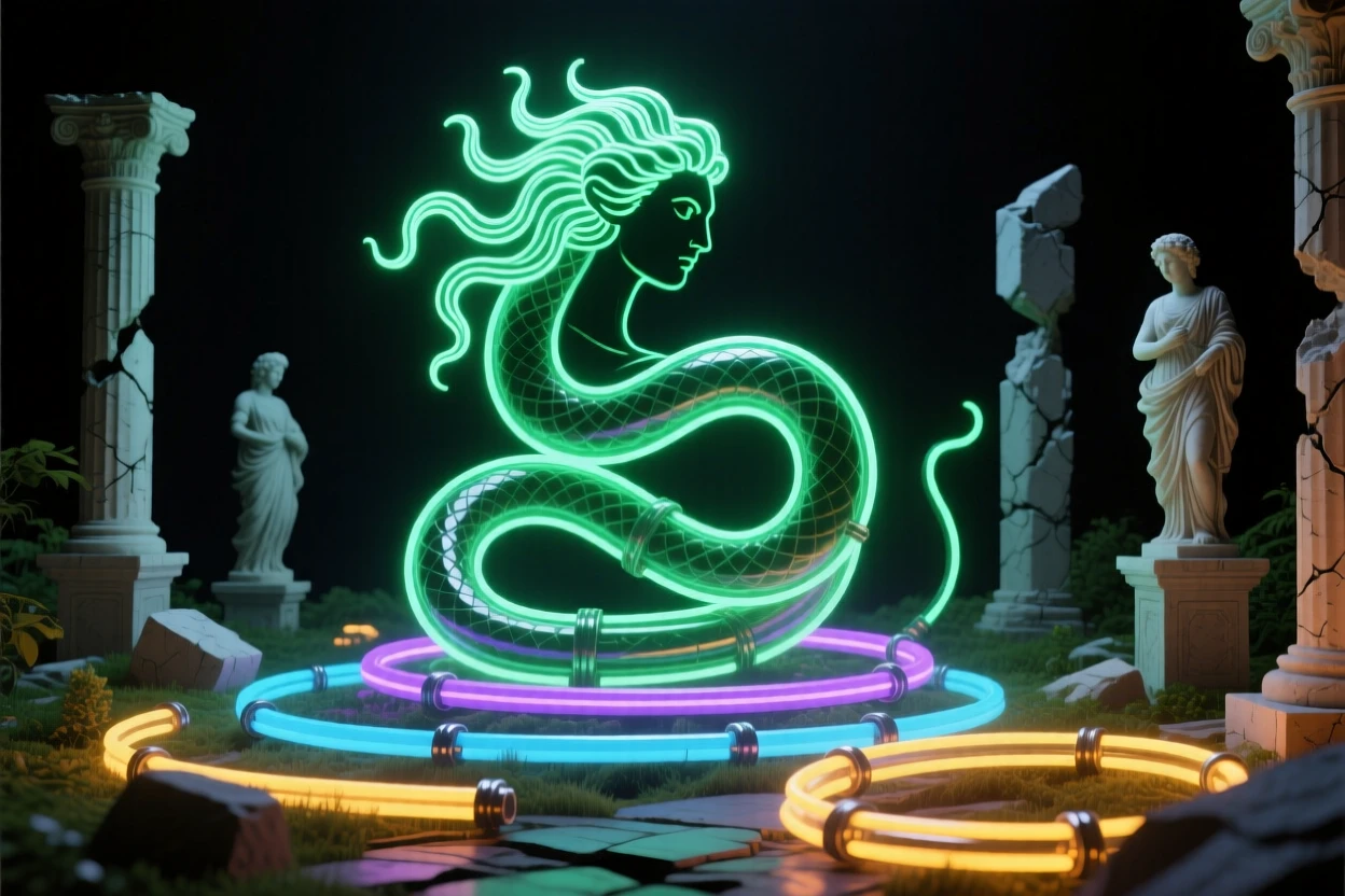 A gorgon coiled among the ruins of a fallen statue garden.