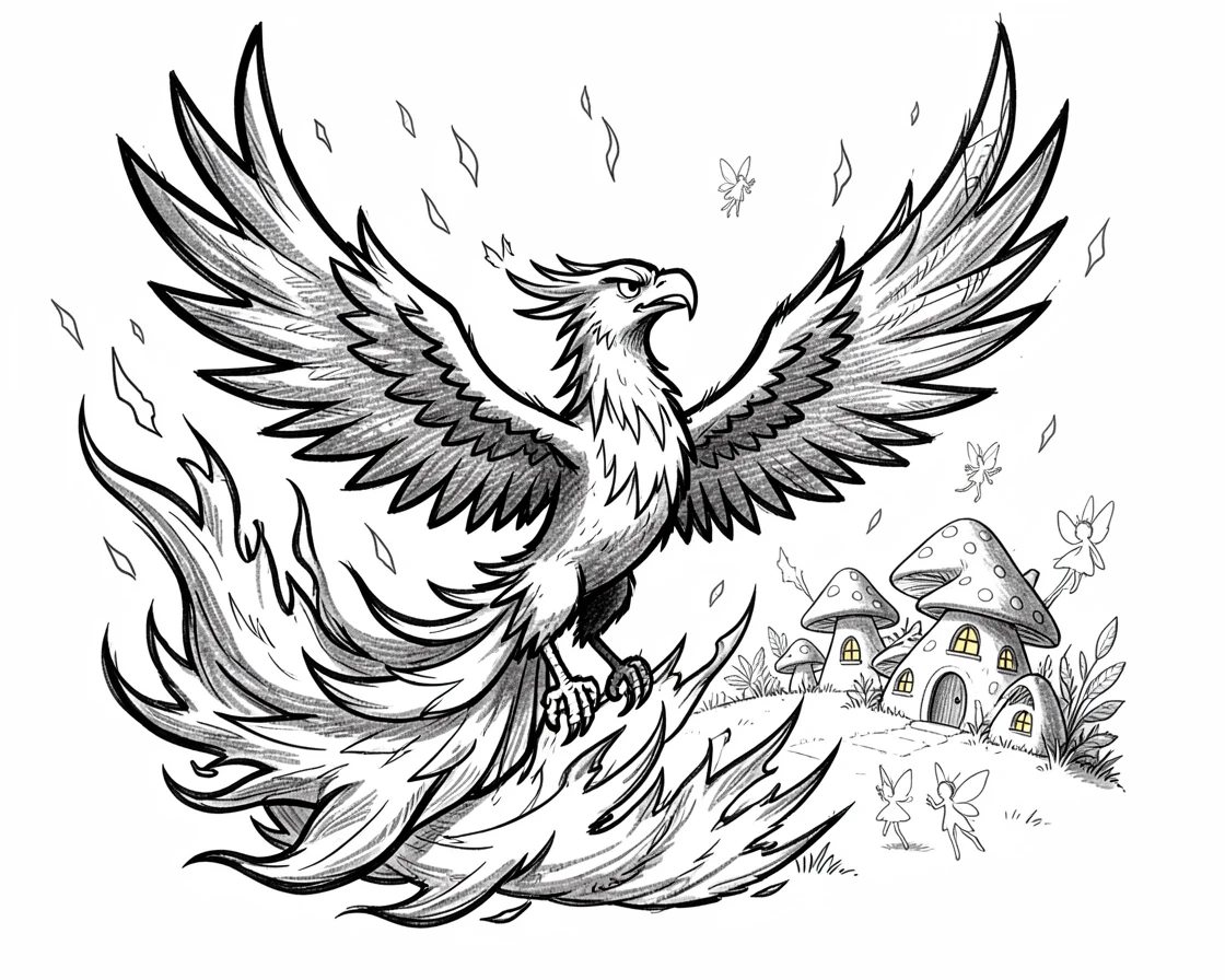 A phoenix rising in a swirl of embers in a hidden fairy village.