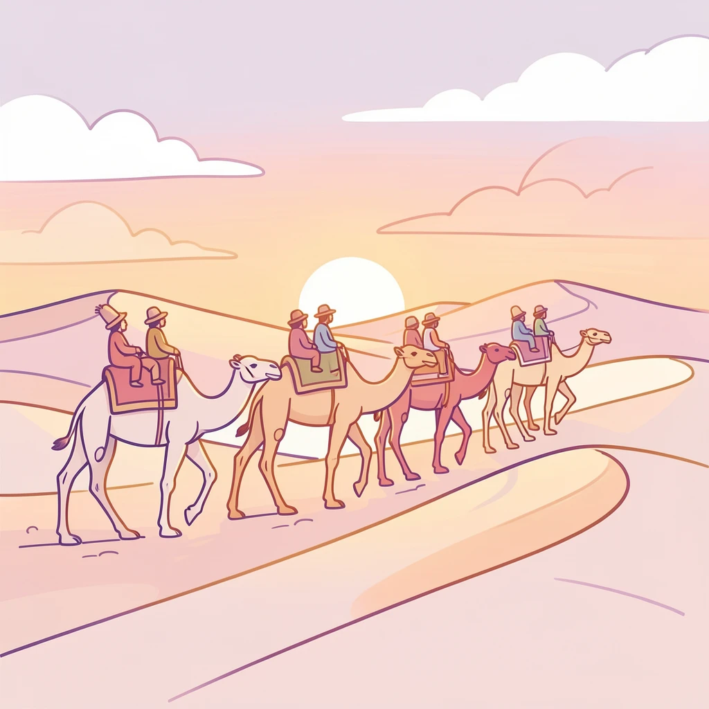 A camel caravan crossing the dunes of the Sahara desert at sunset.