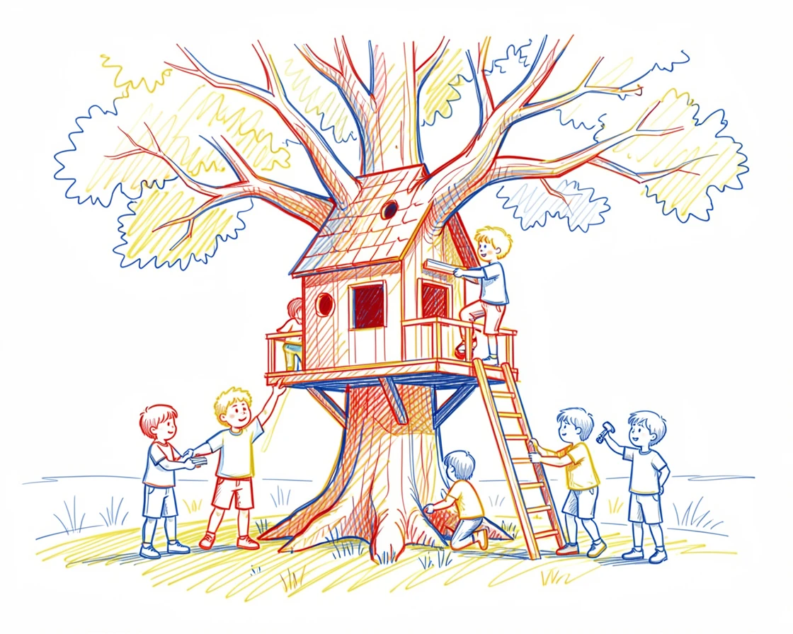 A group of children building a treehouse together in a backyard oak