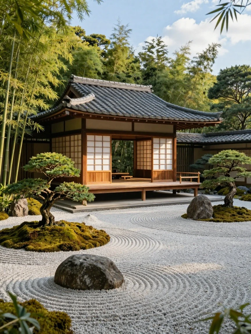 A traditional Japanese tea house surrounded by a zen garden