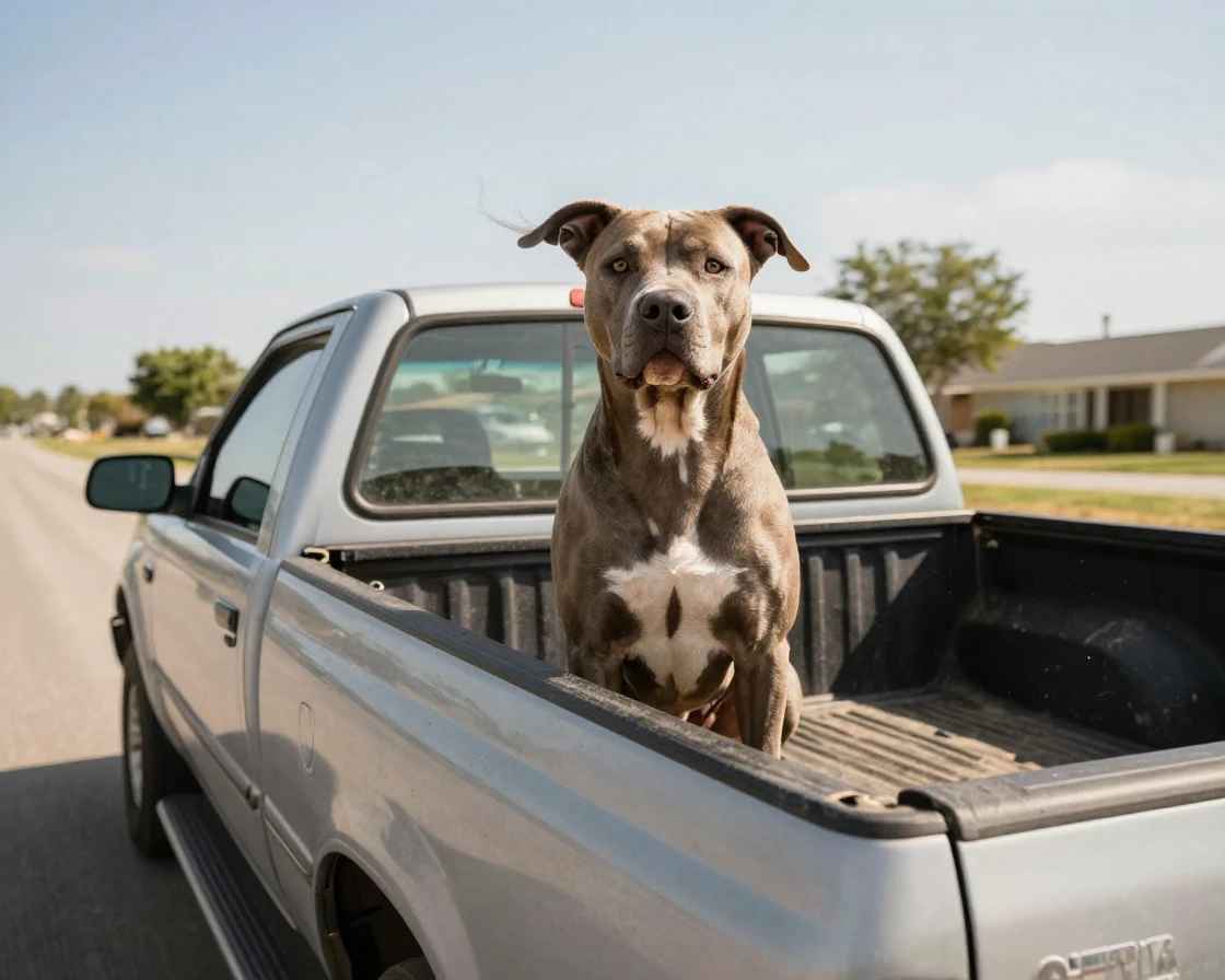 A dog sits alert in the bed of a moving pickup truck, ears flapping in the wind.