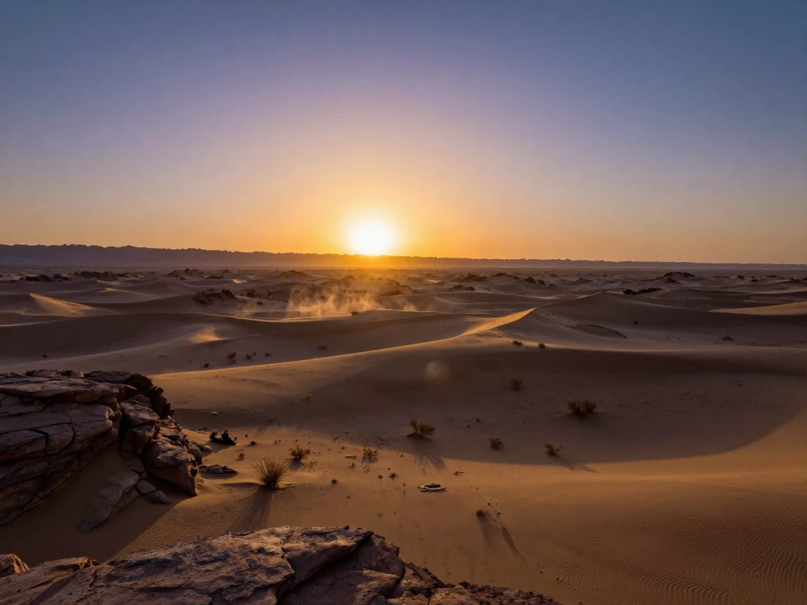A wide desert basin glowing under the light of a setting sun
