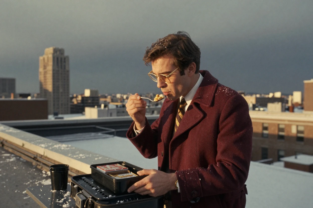 An office worker eating lunch alone on a rooftop with a view, under soft golden-hour light, under a darkening storm sky, under the first snow of winter, with rich burgundy and gold accents, from a three-quarter angle.