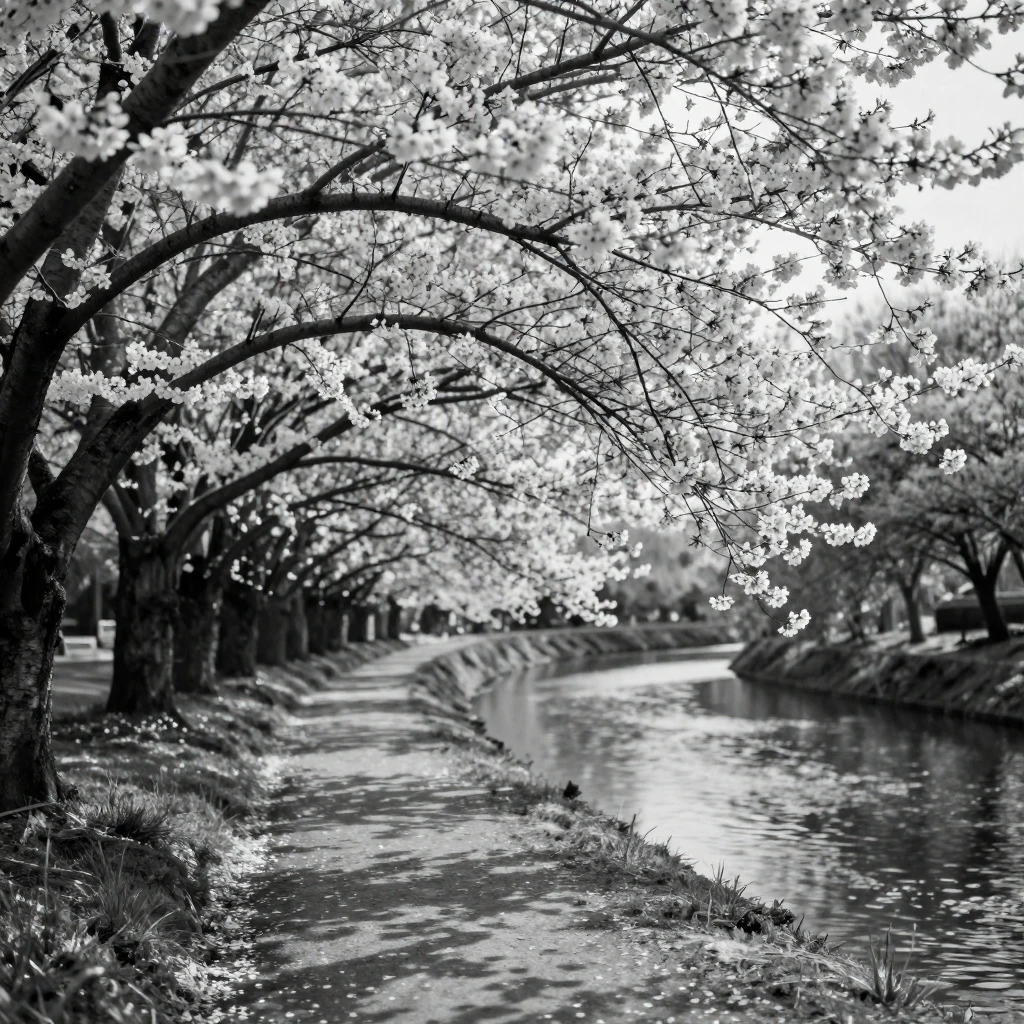 A spring cherry blossom grove bursts into soft pink bloom along a riverside walking path.