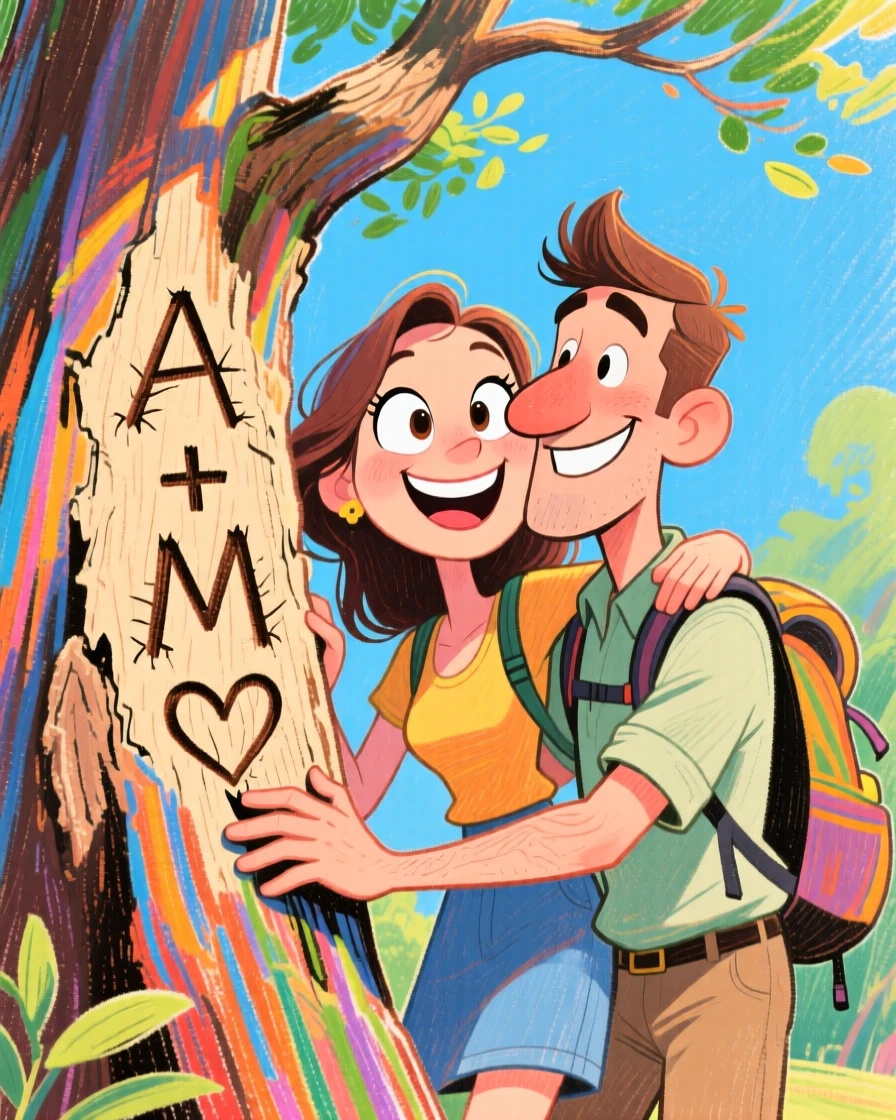 A couple carving their initials into a tree trunk on a romantic hike.