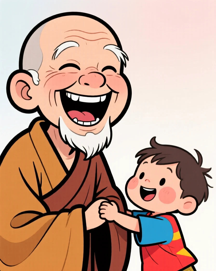 A charming portrait of a wise old monk, laughing so hard their eyes squint shut, with a small child tugging at their sleeve.