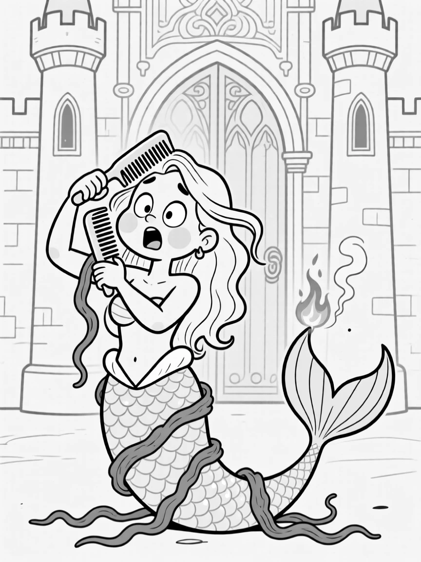 A mermaid tangled in seaweed while combing her hair, hiccuping a tiny fireball that singes its own tail, set before towering castle gates. Scales shimmer faintly with every breathy snore. The scene turns epic fantasy into pure charming comedy.