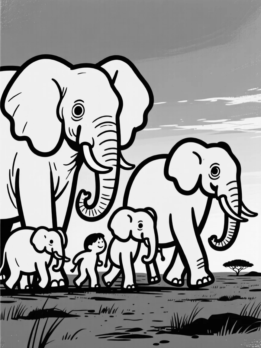 A family of elephants walking together across the African plains at dusk.