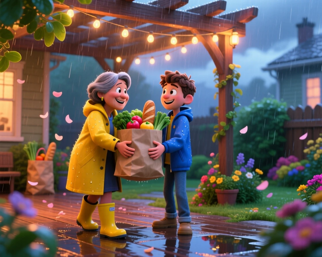 Strangers helping each other carry groceries in the rain unfolds in a backyard strung with string lights, with flower petals scattered on the breeze. The atmosphere glows with gratitude and delight.
