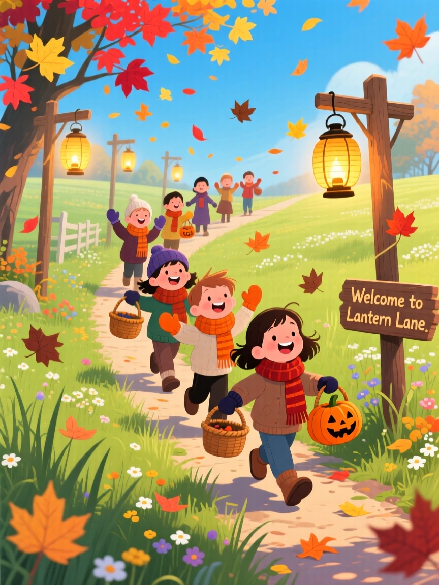 Carolers bundled in scarves spend the evening trick-or-treating along a lantern-lit street in a sunlit spring meadow, as colorful leaves swirl through the air.