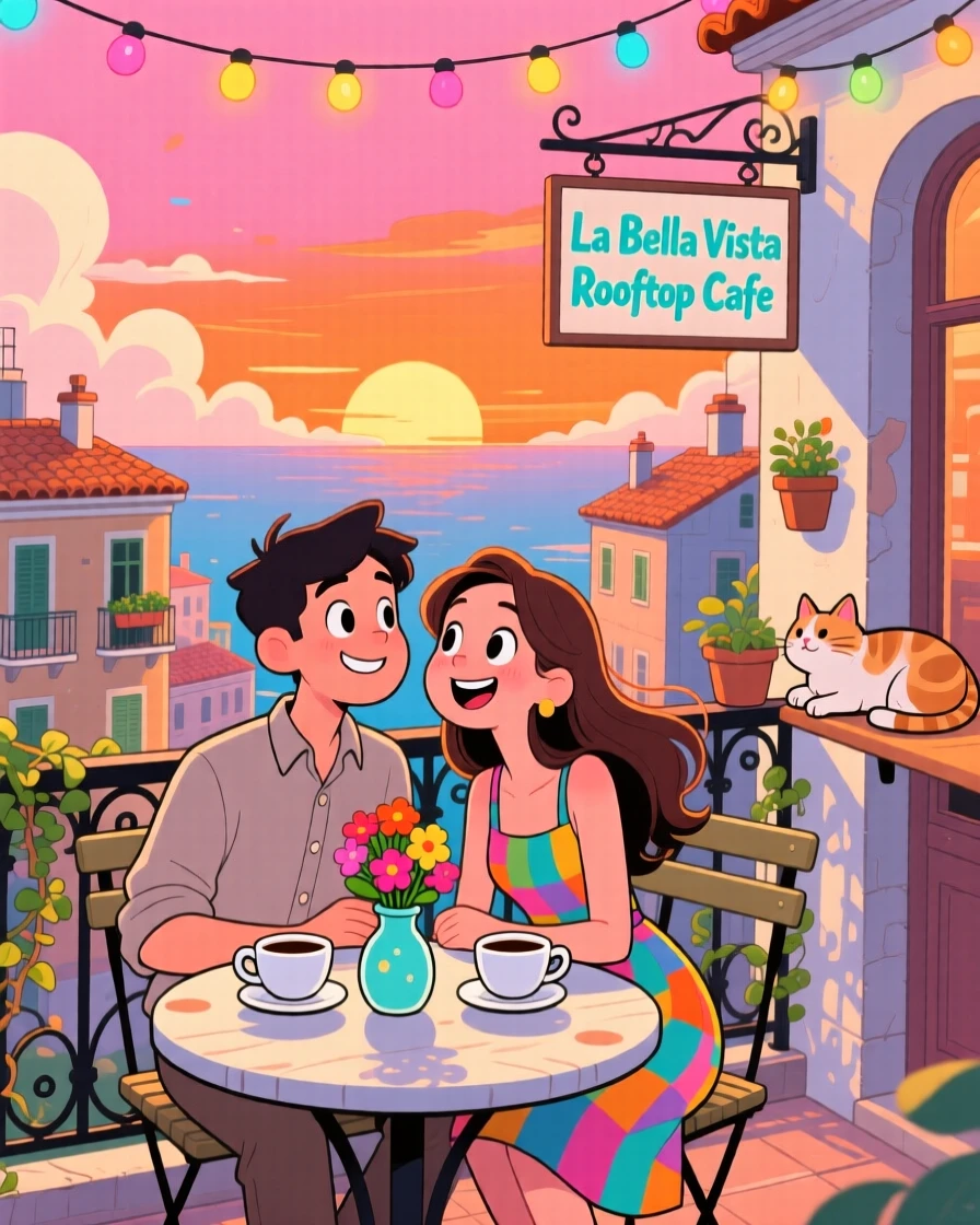 A couple watching the sunset from a rooftop cafe overseas.